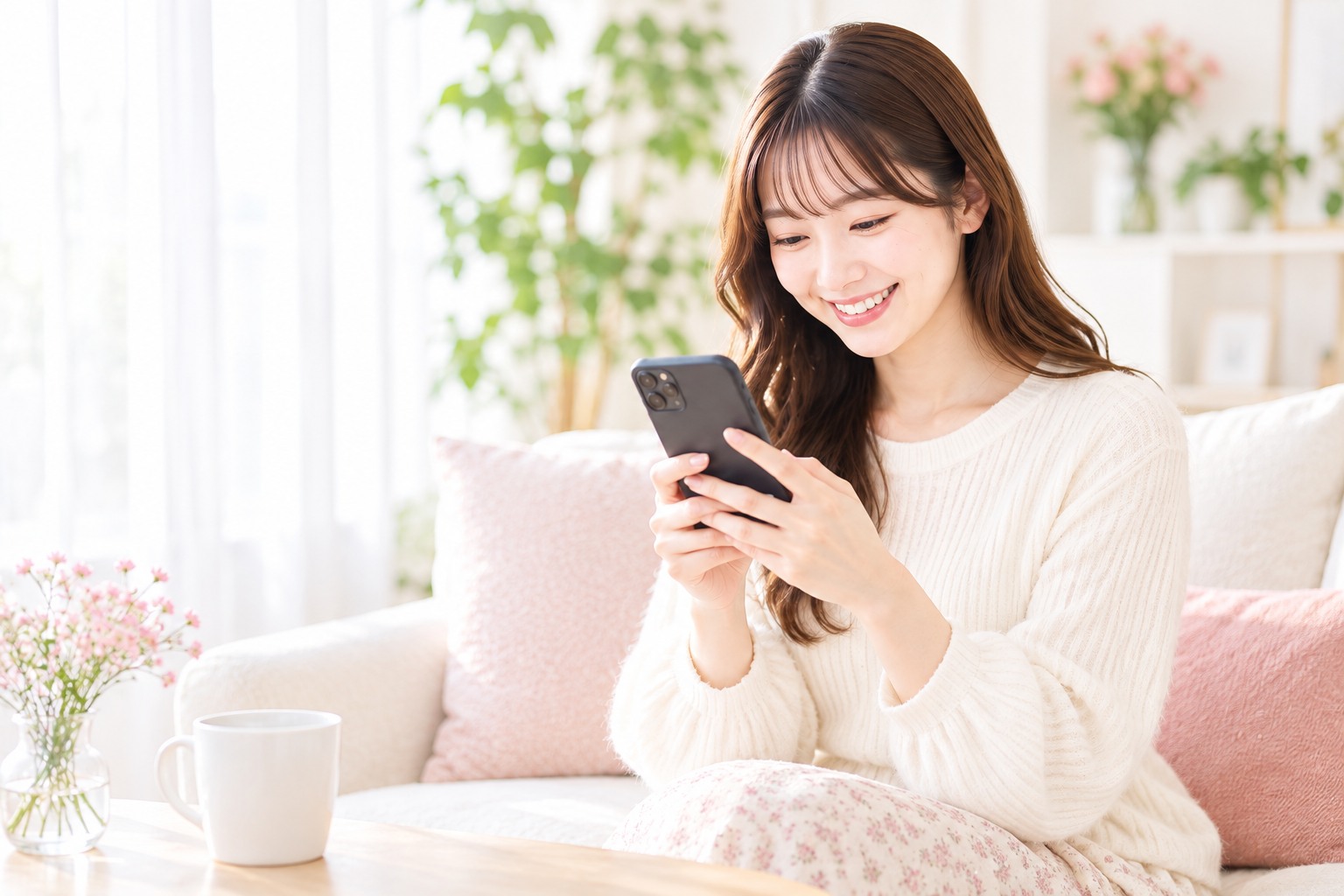 自宅のスマートフォンで事前にプロフィールを登録する女性