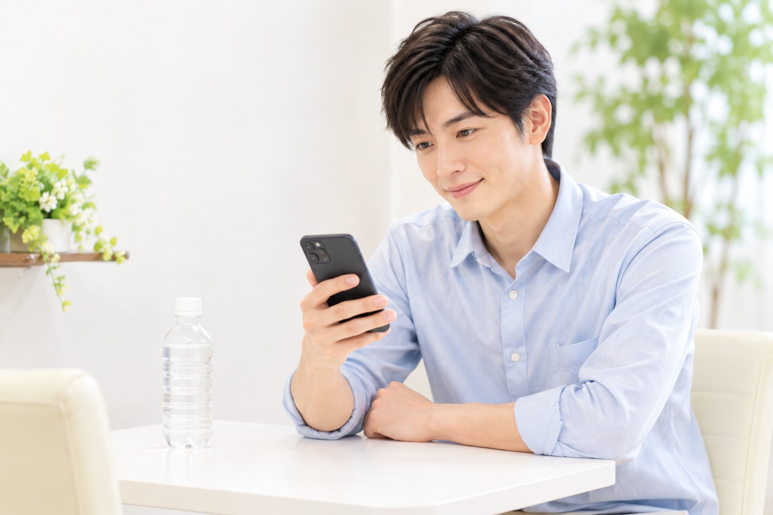 席でアプリを見ながら気になった相手を選ぶ男性